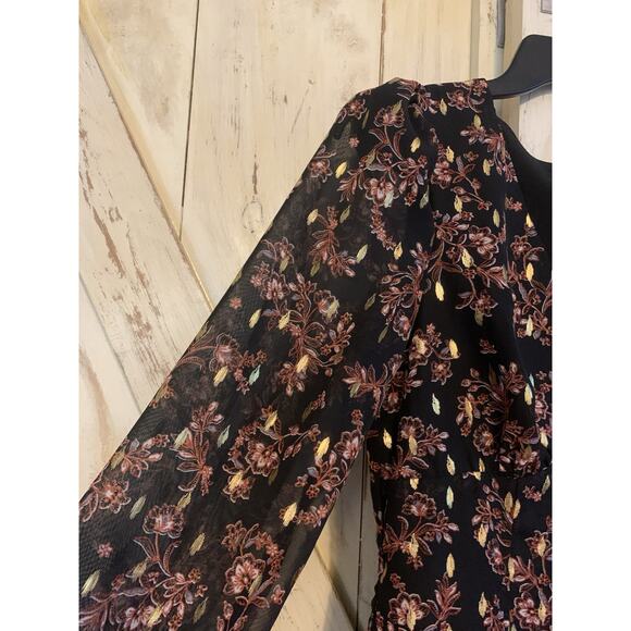 Aqua Floral Metallic Gold Print V-Neck Cocktail Party Mini Dress Long Sleeves XS - Picture 4 of 16